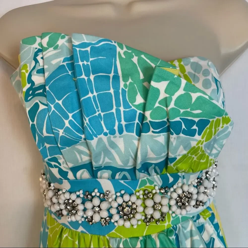 Lilly Pulitzer Crystal Strapless Dress Lagoon Blue Green Resort Wear Size 0 - Picture 6 of 10